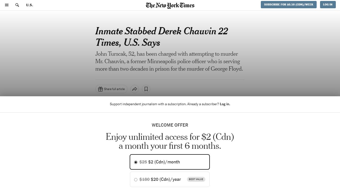Inmate Stabbed Derek Chauvin 22 Times, U.S. Says